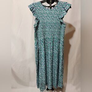 A New Day Womens L Green Smocked Floral‎ Dress Flowy Wedding Holiday